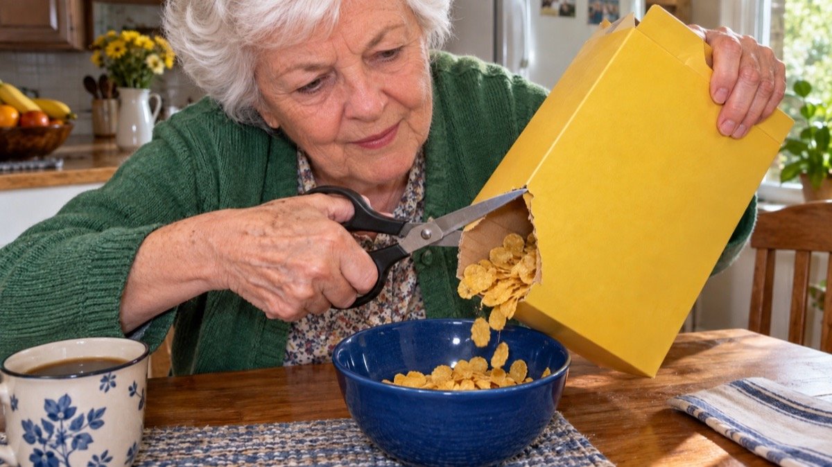 An older woman cutting a cereal box open over a breakfast bowl