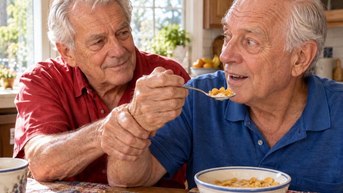 Two older friends at breakfast, one reaching toward the other’s spoon